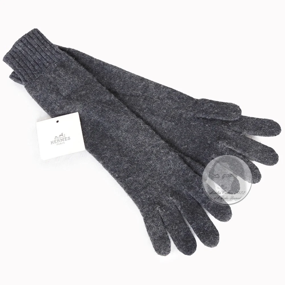 Hermes Gloves Ladies Cashmere Wool Knit Gris Charcoal Gray Soft Luxury Sz 00